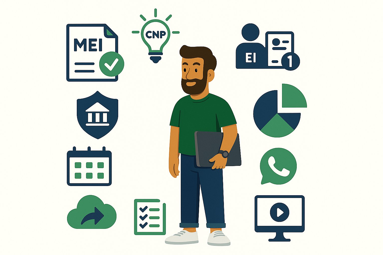 Rafael, jovem empreendedor digital, analisa opções de tipos de empresa no Brasil com ícones de CNPJ, impostos e regimes tributários ao redor, em cenário branco e moderno.
