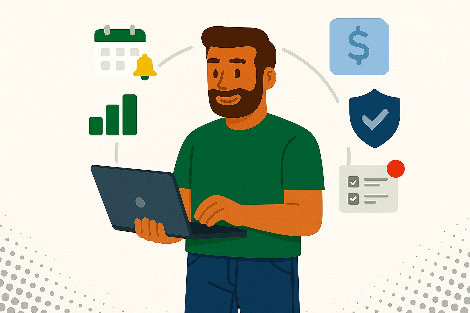 Rafael, personagem MEI tech do Conta Justa, cercado de ícones de calendário, nota fiscal, gráfico, checklist e escudo, representando as principais obrigações do MEI.