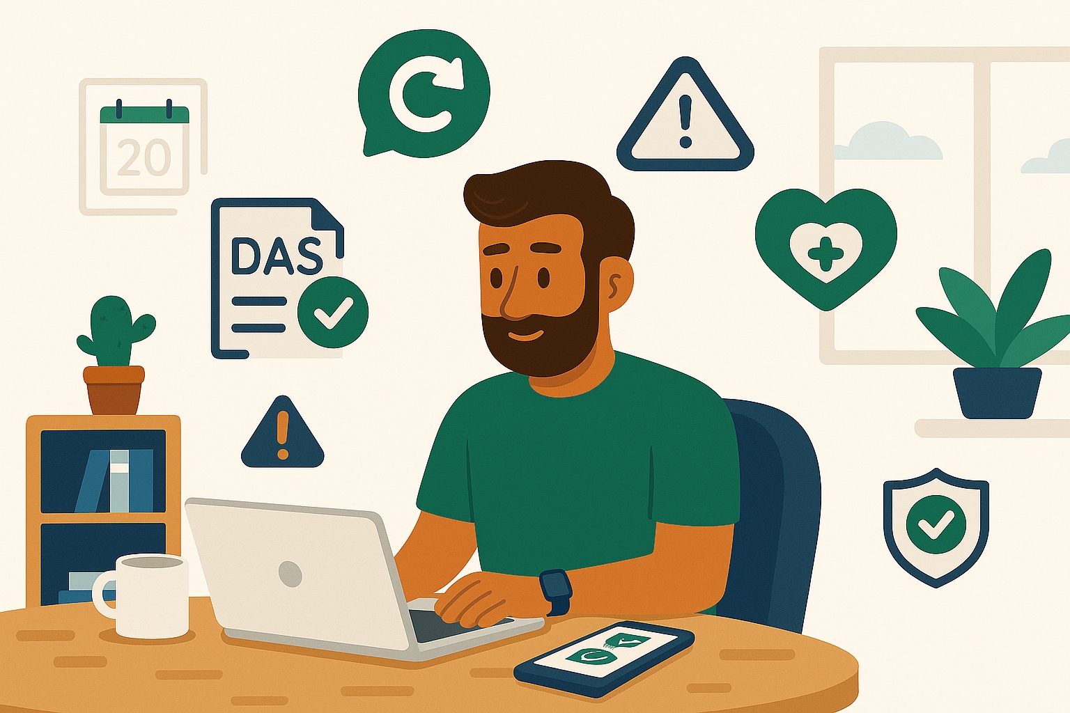 Rafael, o personagem do Conta Justa, sentado no home office, olhando atento para o notebook com ícones de alerta e regularização ao redor, representando o MEI atrasado regularizando o DAS e evitando multas.