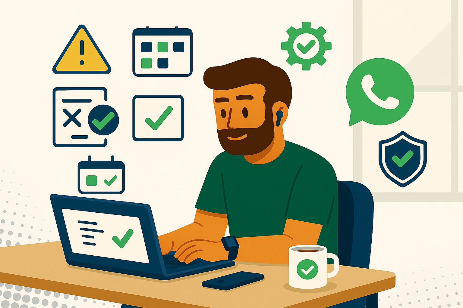 Ilustração do Rafael, personagem do Conta Justa, trabalhando em seu notebook com expressão de foco, revisando uma nota fiscal MEI com o novo código CRT-4 em um cenário de home office claro e organizado.