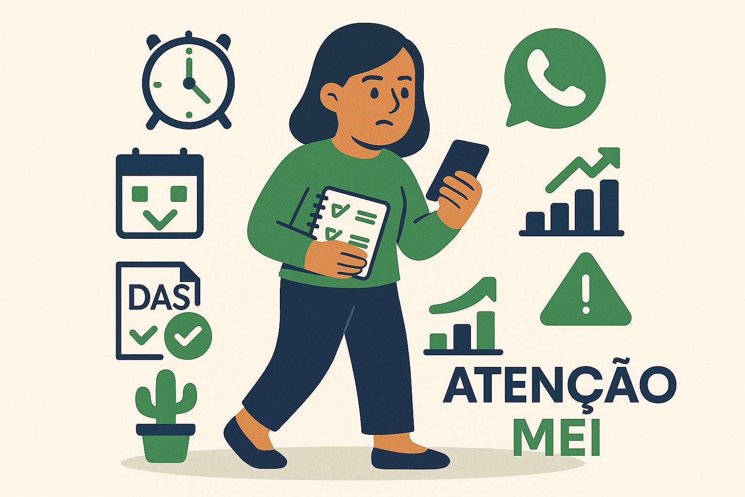 Bia, uma empreendedora do setor de beleza, segura o celular e uma agenda em seu salão, com ícones sobre faturamento MEI e alertas de prazos.