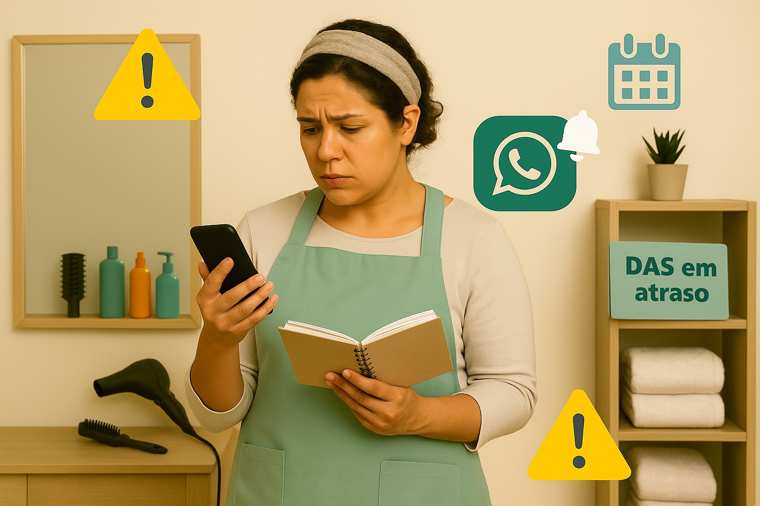 Bia consultando DAS vencido no celular, com ícones de inadimplência e calendário ao fundo, representando MEI inadimplente no Simples Nacional.