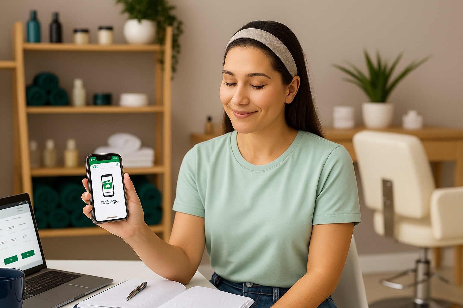 Bia, uma microempreendedora do ramo de beleza, visualiza no celular a confirmação de pagamento do DAS MEI em um ambiente de salão moderno.