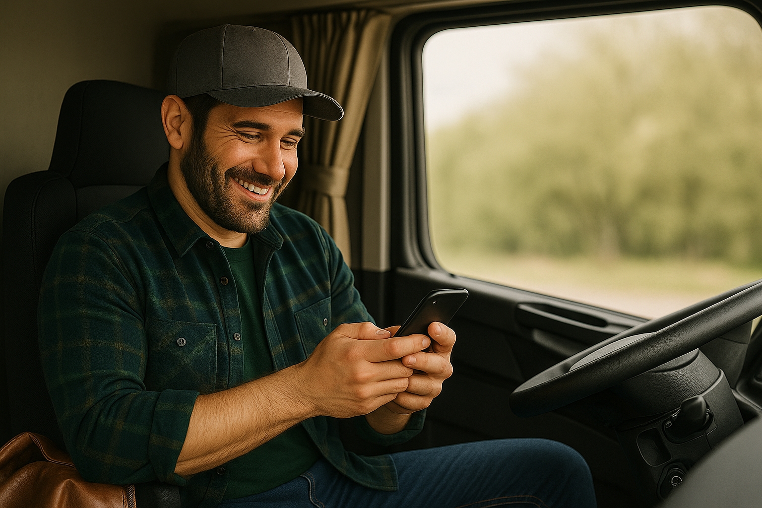 Rafael, lendo o Guia MEI caminhoneiro 2025, dentro de seu caminhão usando o celular para regularizar o CNPJ com ajuda digital.