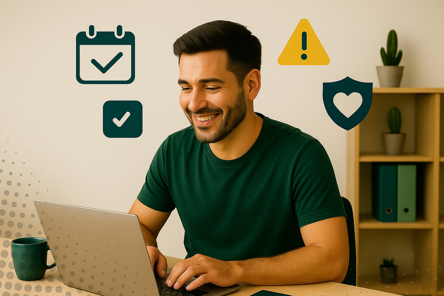 Rafael, microempreendedor digital, trabalha em home office revisando mensagens fiscais no WhatsApp com suporte contábil da Conta Justa.