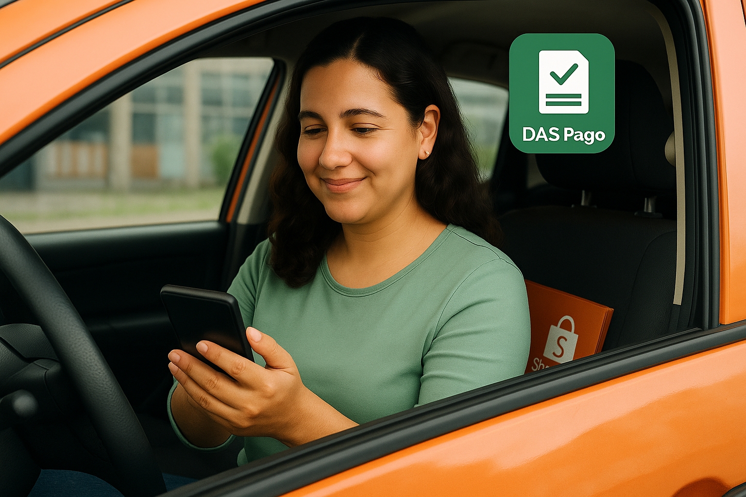 Bia, entregadora MEI, verifica o DAS pago no celular enquanto trabalha com entregas para a Shopee.