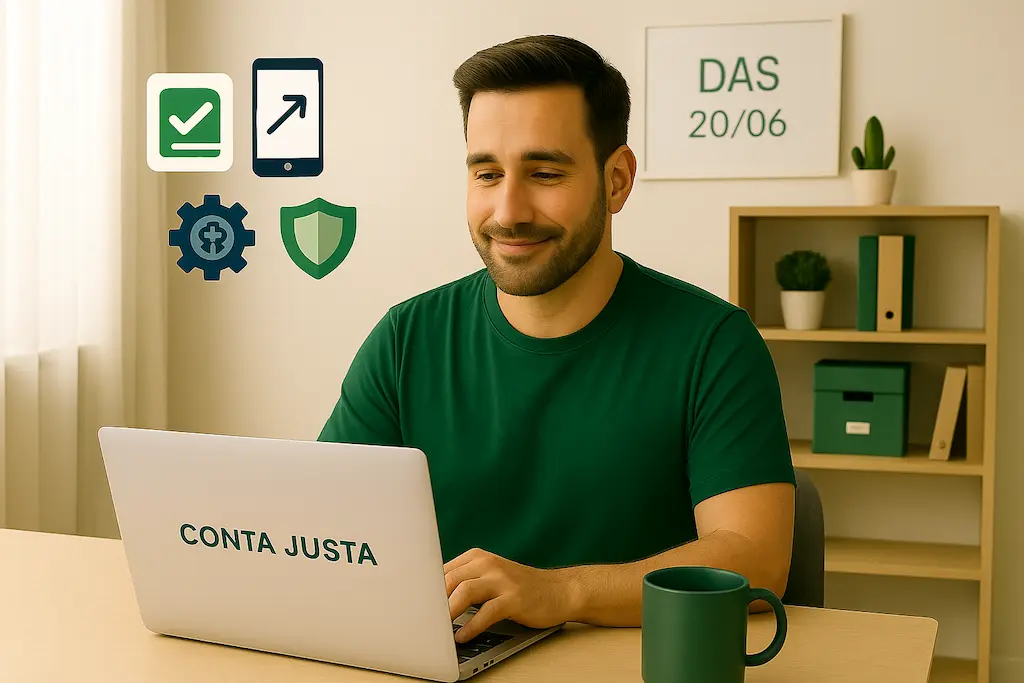 Homem jovem trabalhando em casa, visualizando finanças no notebook, simbolizando MEI com reserva financeira.