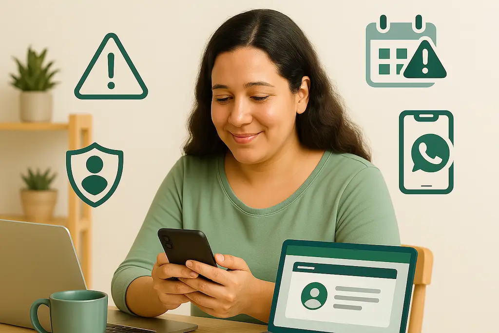 Mulher MEI em sua cozinha acessando guia DAS MEI 2025 pelo celular, aliviada por evitar multas de julho.
