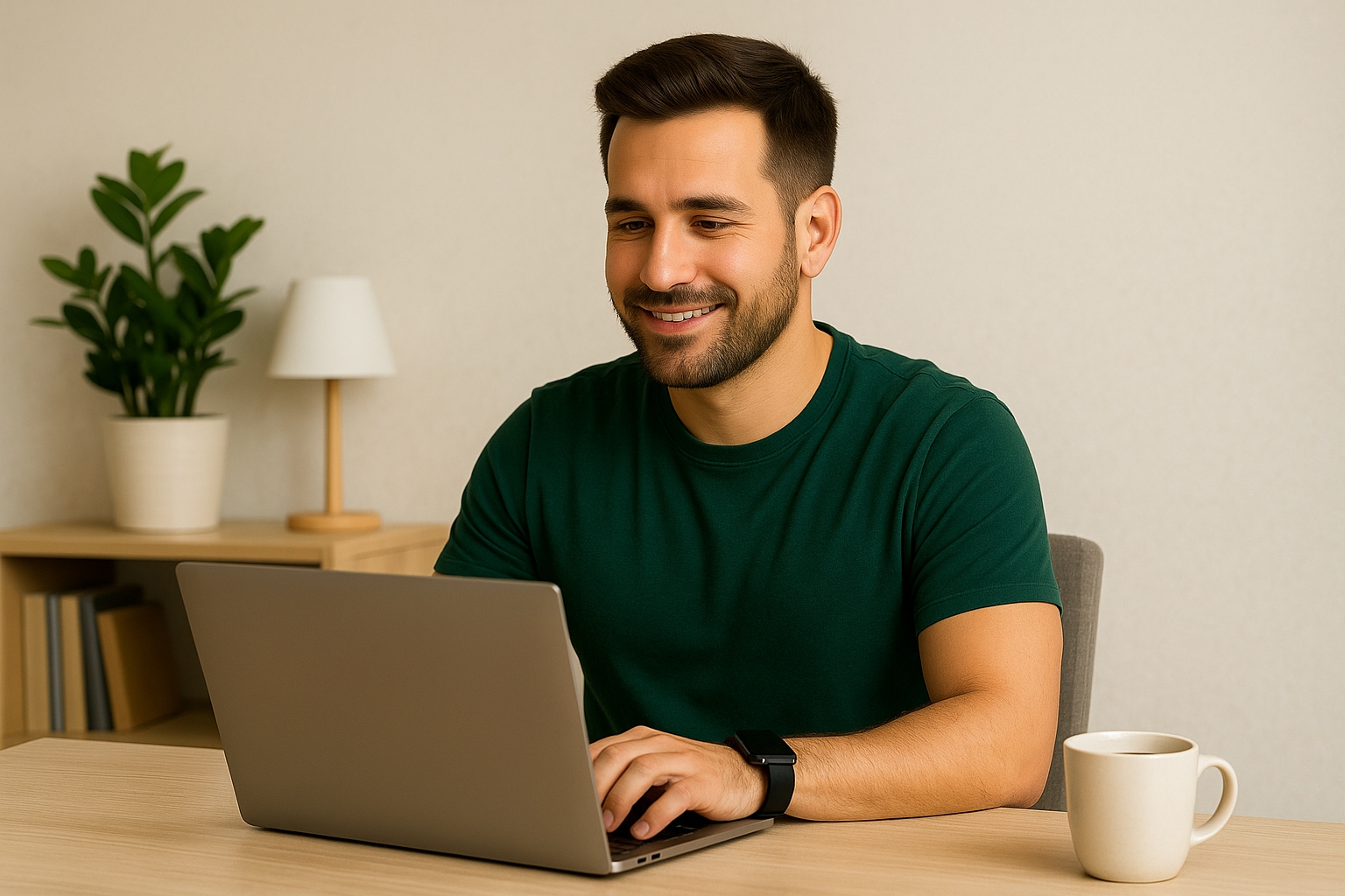 Rafael usando notebook em home office enquanto confere documentos para abrir CNPJ MEI grátis com suporte digital.