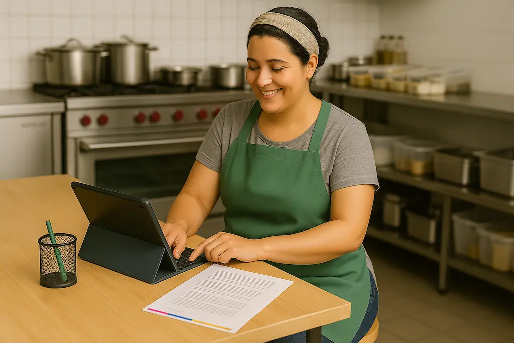 Bia, empreendedora de marmitas, sentada em sua cozinha, usa um tablet para admitir empregada no MEI via eSocial 2025.