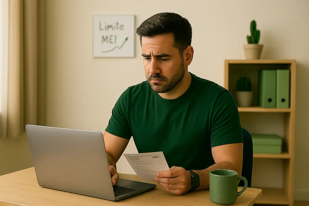 Homem jovem com expressão de preocupação olhando para um notebook, representando um MEI quase estourando o limite de faturamento.