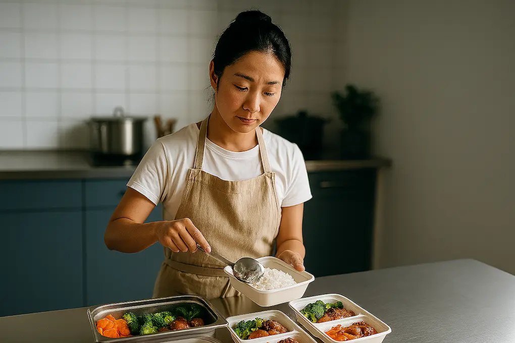 Estrangeiro pode abrir MEI. Mulher asiática preparando marmitas em cozinha profissional, servindo arroz com concha.