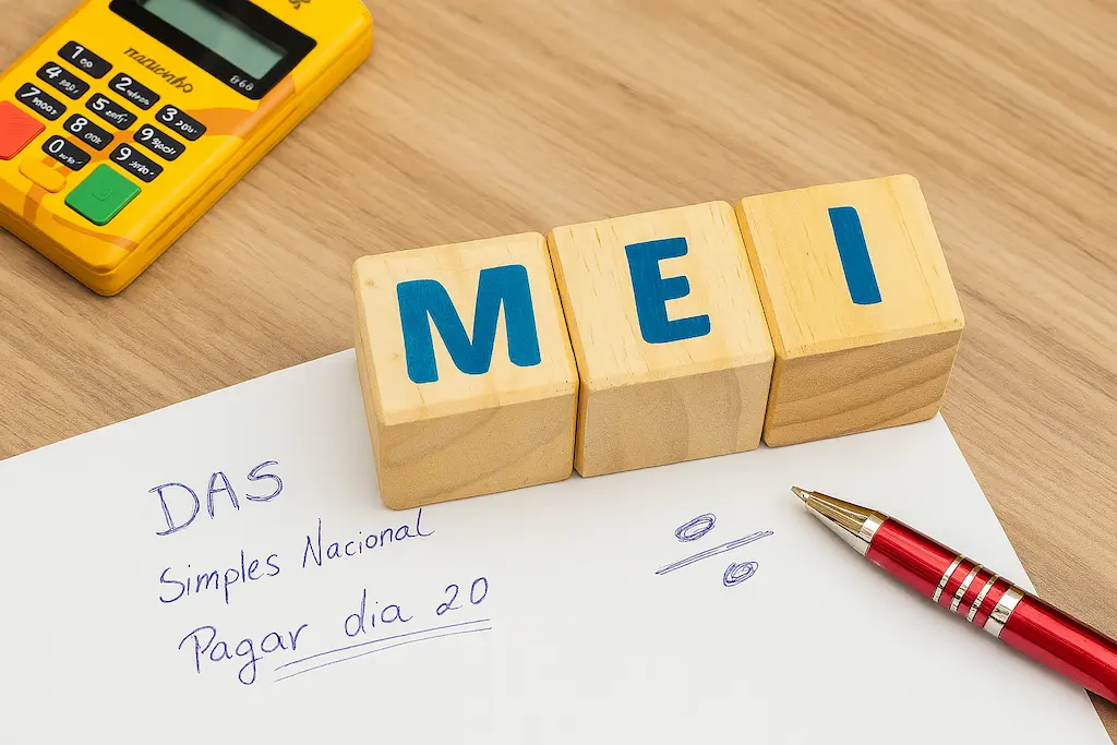 Blocos com a sigla MEI ao lado de anotação sobre pagamento da DAS, representando obrigações de quem vai abrir MEI em 2025.
