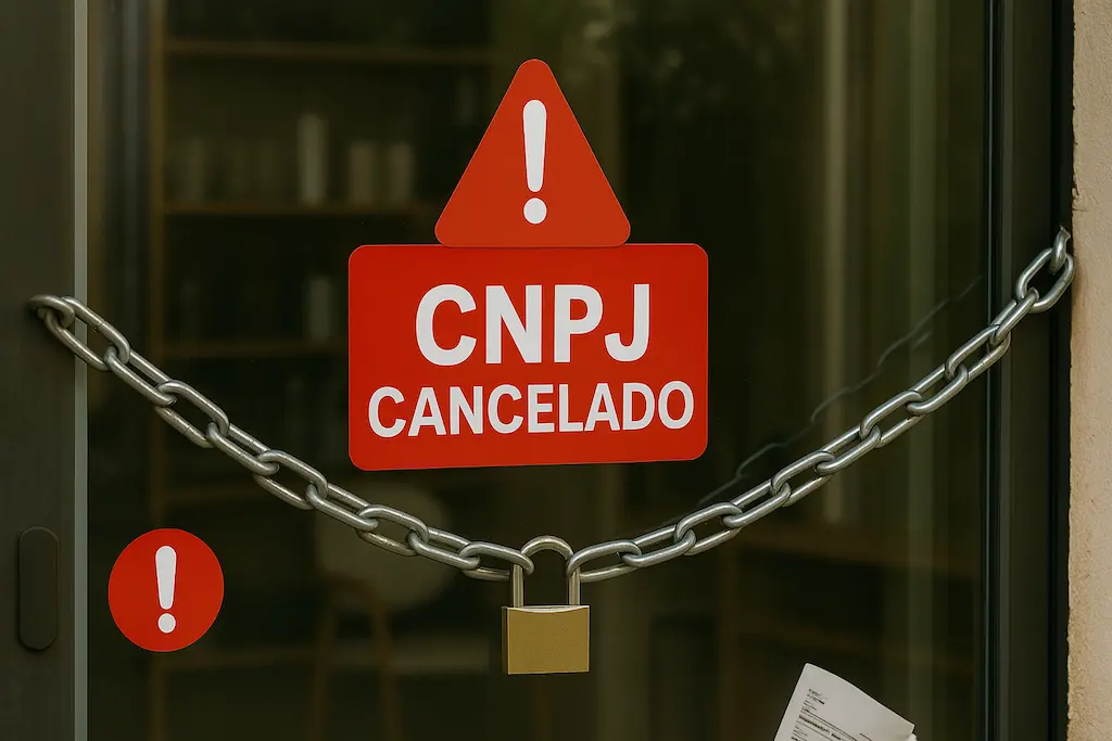 Porta de vidro trancada com corrente e cadeado, com placa vermelha de “CNPJ CANCELADO”, representando as consequências da inadimplência do MEI com o DAS.