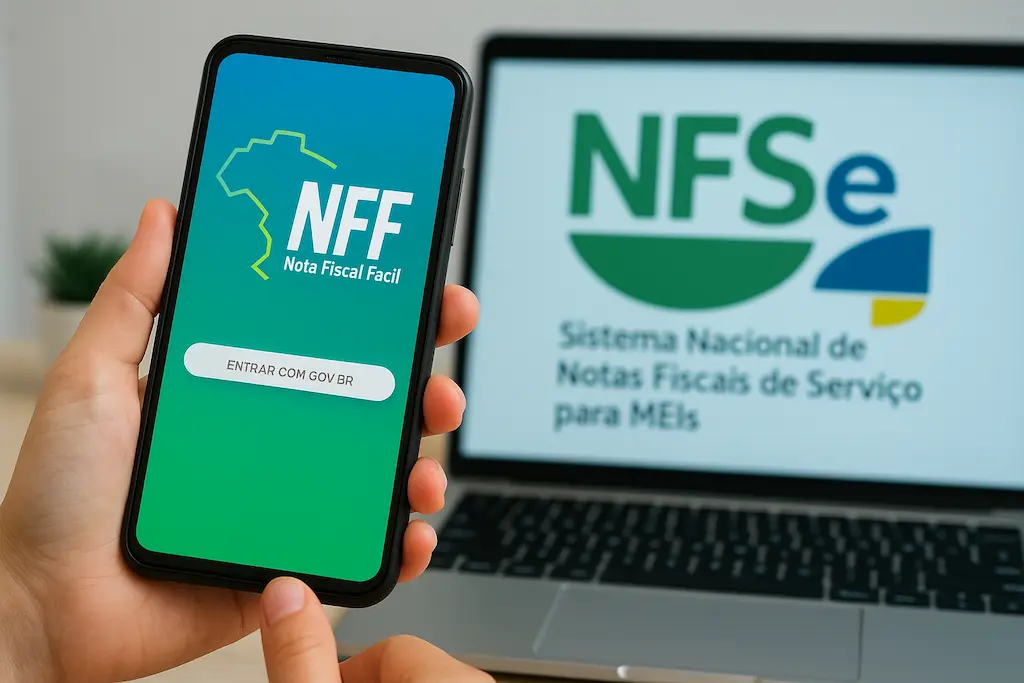 Tela do celular com app NFF em destaque e computador ao fundo com sistema NFS-e Nacional, simbolizando o uso do gov.br para emissão de nota fiscal MEI.